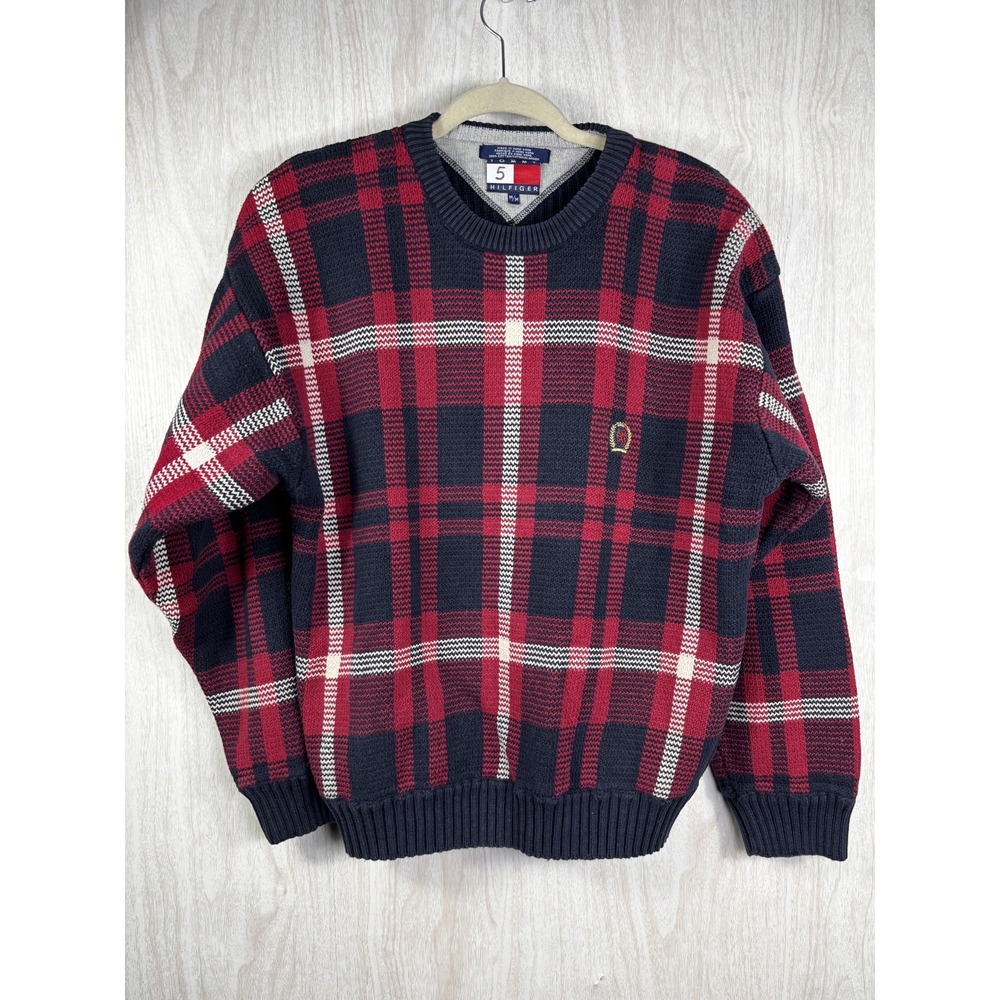 Tommy Hilfiger Plaid Sweater Men M Red Navy Cotton Crest Tartan Preppy 90s